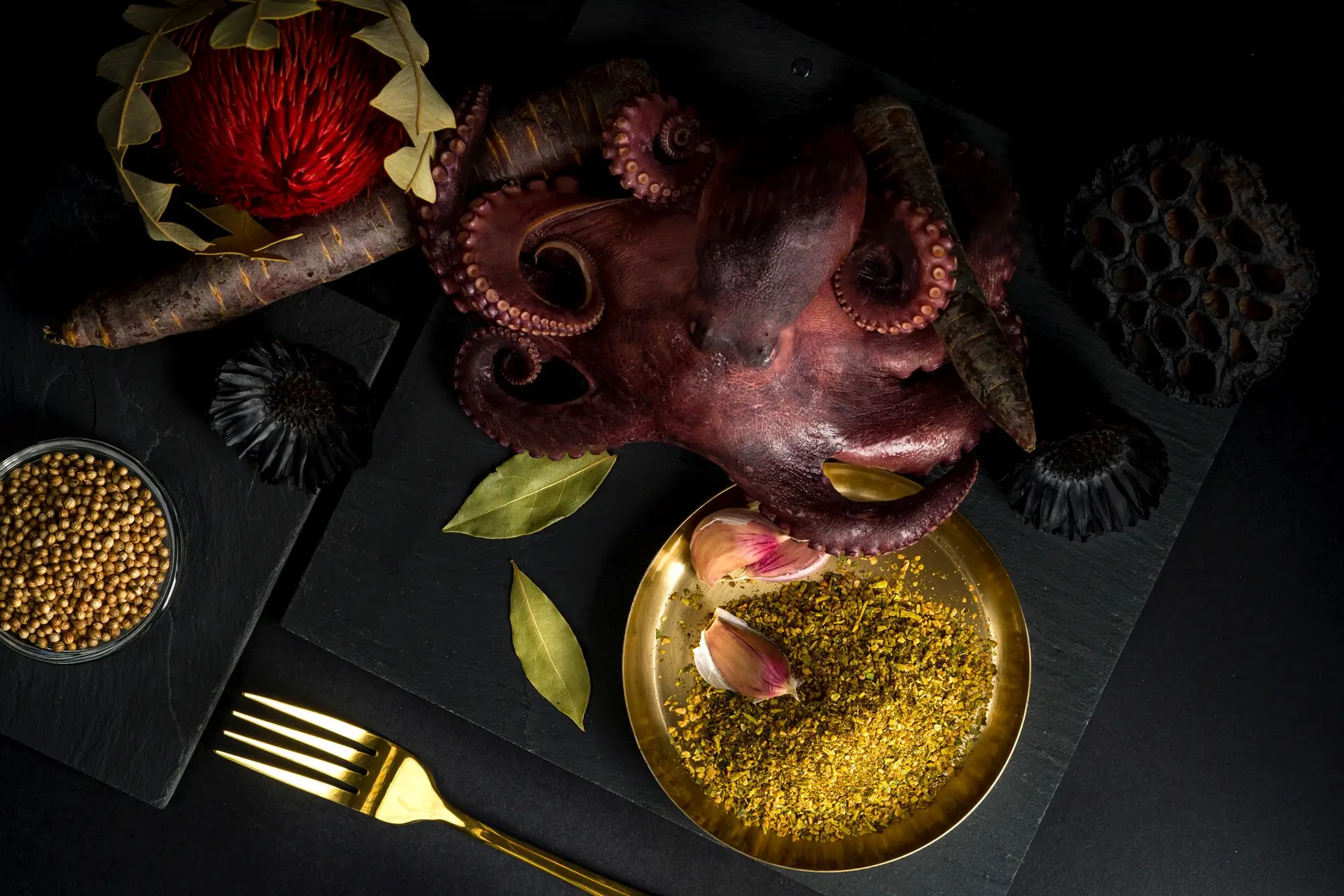 Flatlay mit Oktopus, Gewürzen und Zutaten – Food-Fotografie für Ubena Foodservice