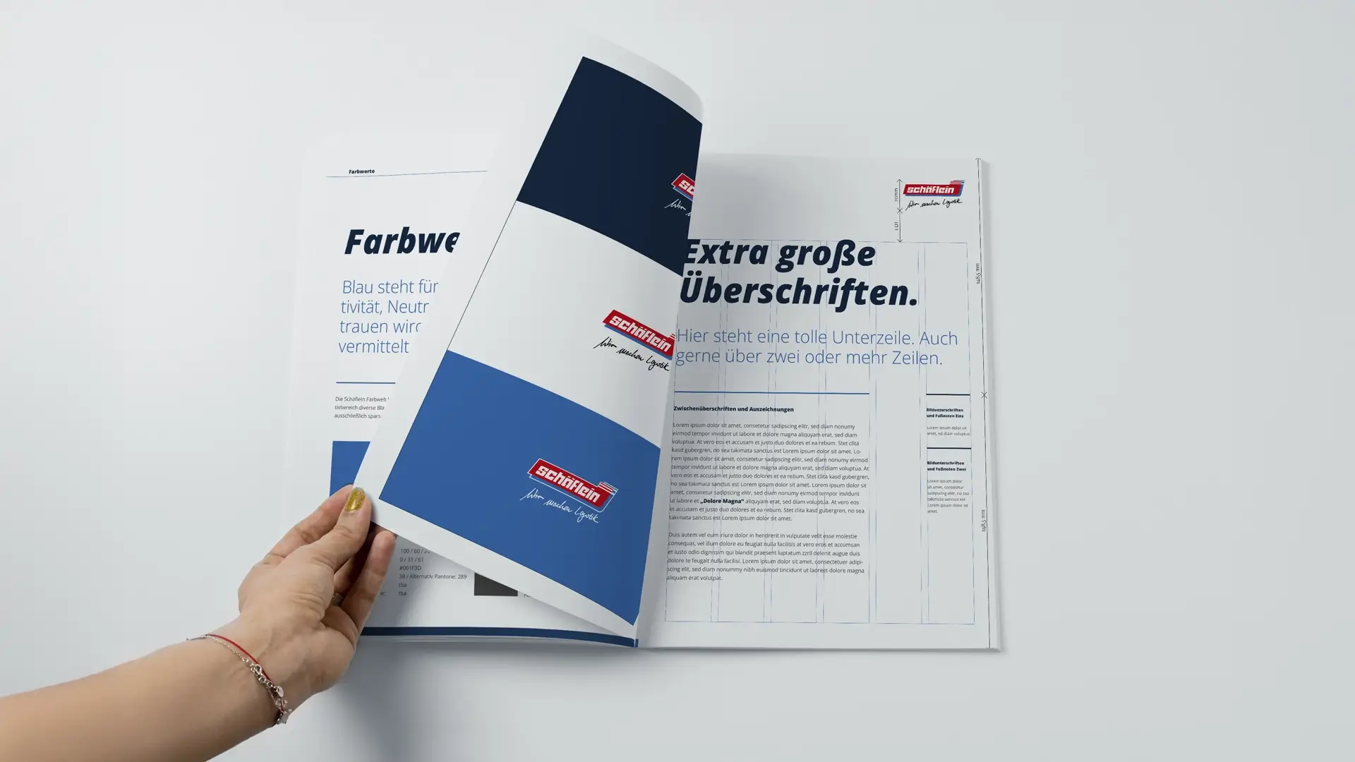 Corporate Design Logistikunternehmen – Markenhandbuch der Schäflein AG mit Designrichtlinien für Schrift, Farbe und Anwendung