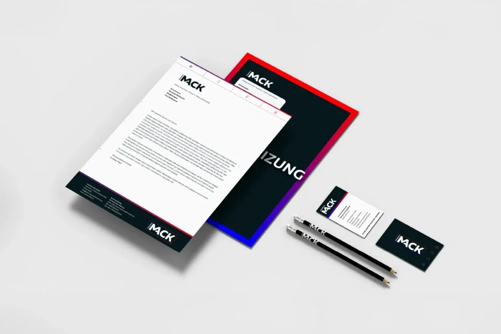 Briefpapier, Visitenkarten und Präsentationsmappen im Corporate Design für Mack Haustechnik