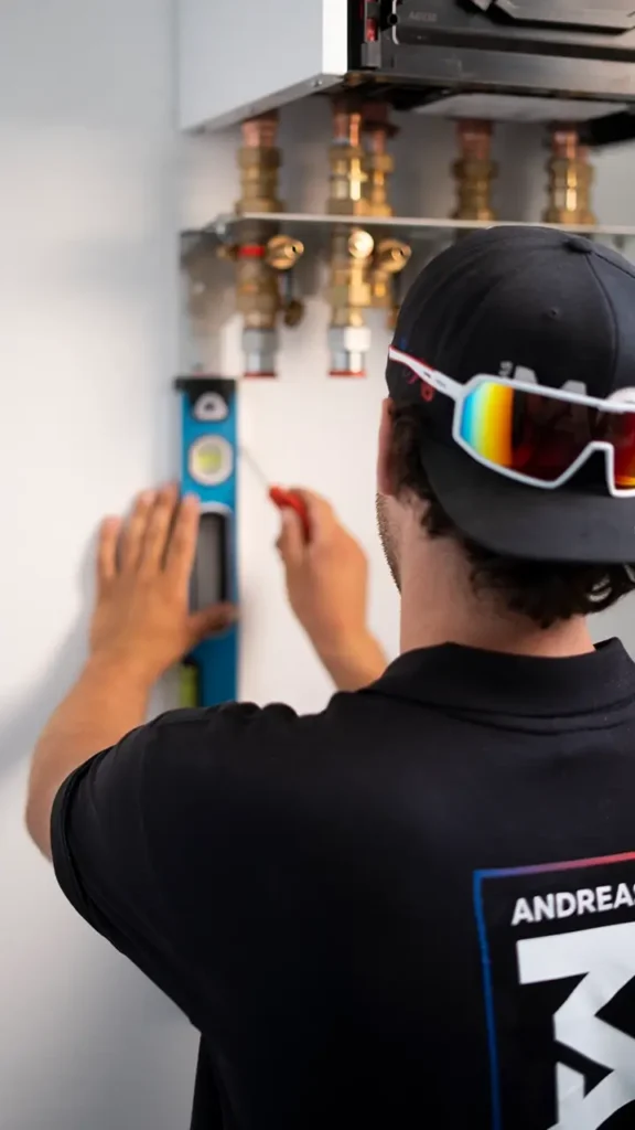 Mitarbeiter von Mack Haustechnik mit Corporate Fashion beim Installieren einer Heizungsanlage – starker Markenauftritt im Handwerk