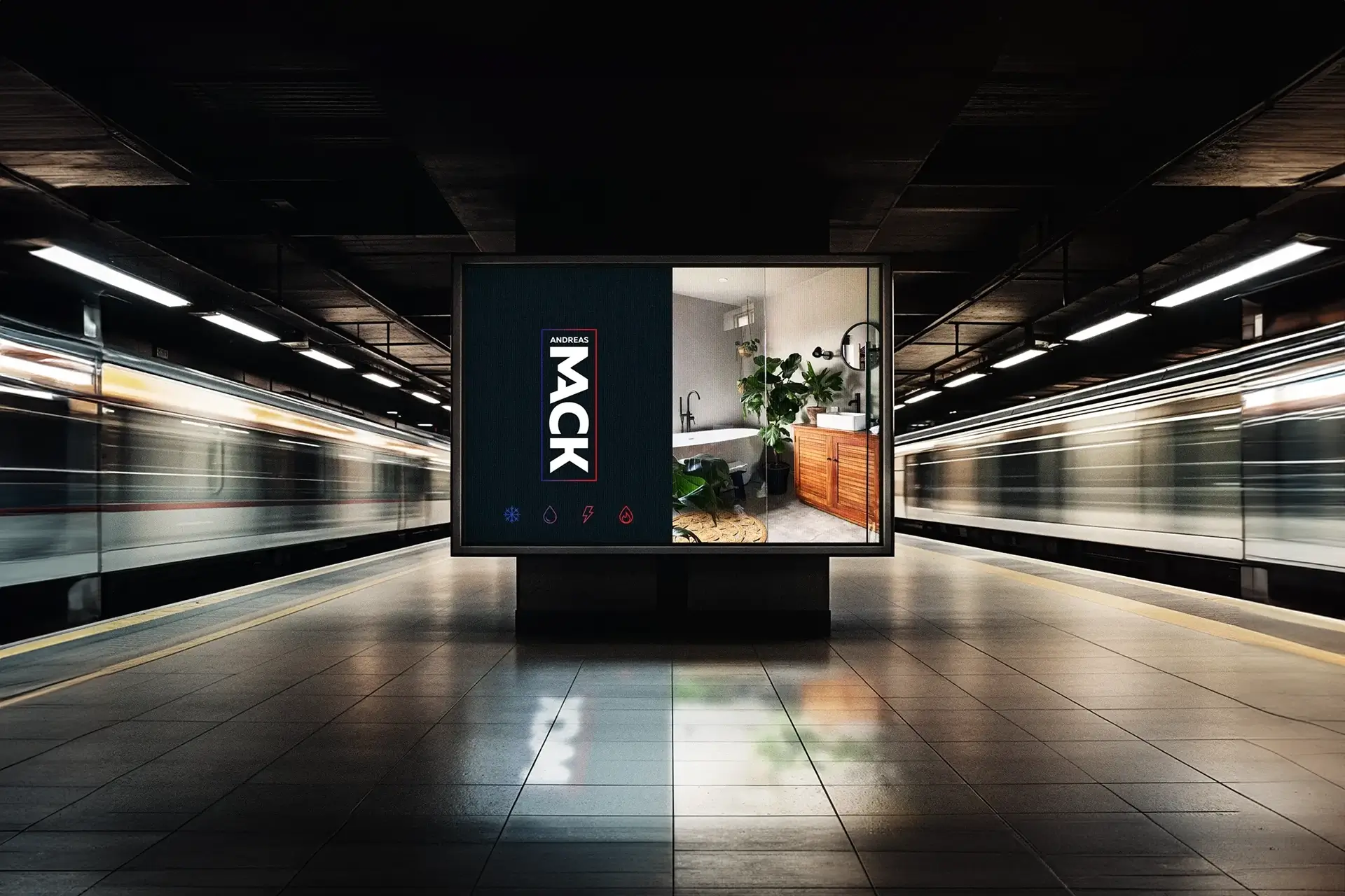 Großflächenwerbung für Mack Haustechnik an einem U-Bahnsteig – Design von Nils Ulsamer